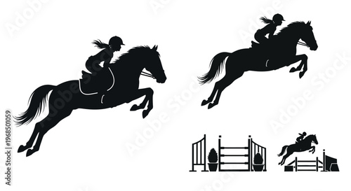 Equestrian athletes and horses jumping obstacles in a striking silhouette