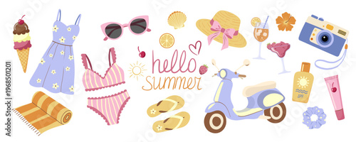 Summer holiday lifestyle clipart. Girly vacation set. Hello Summer hand drawn aesthetic collection. Features a stylish retro scooter, striped swimwear, sun hat, sunglasses, ice cream, and travel essen