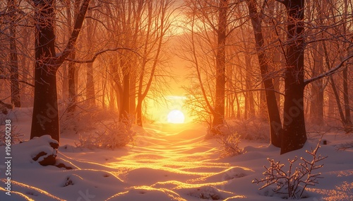 Serene Winter Sunrise Through Snow-Covered Trees in Tranquil Forest