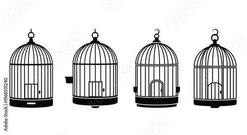 Four ornate birdcages displayed in a row black and white silhouette
