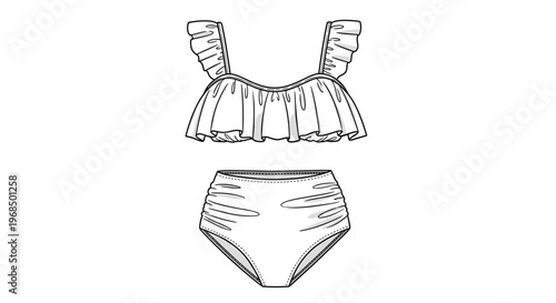 Fashionable line drawing of a high waisted bikini set with ruffled edges on the top provides a feminine and trendy swimwear design.