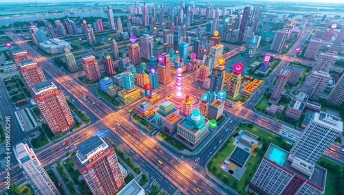 Aerial View of Vibrant Cityscape with Digital Interaction Icons