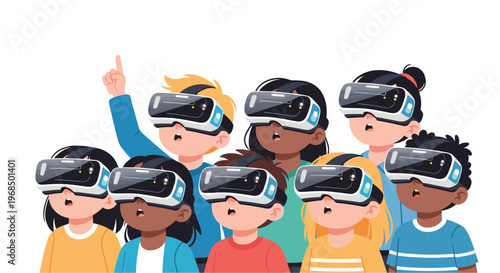 A diverse group of eight children wearing virtual reality headsets stand together with surprised expressions, one pointing upwards.
