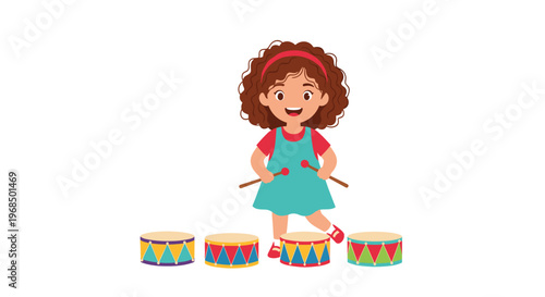A smiling girl with curly brown hair and a red headband stands playing four colorful toy drums with two drumsticks.