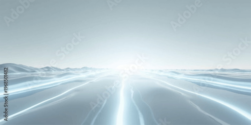 Aerial motion reveals a snowy road winding through mountain fog toward the blue horizon under a heaven of white clouds in this winter nature travel landscape