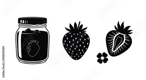 Strawberry jam jar with whole and halved fruit black silhouette