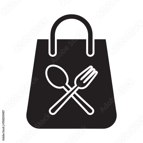 Simple black icon depicting a shopping bag with cutlery inside