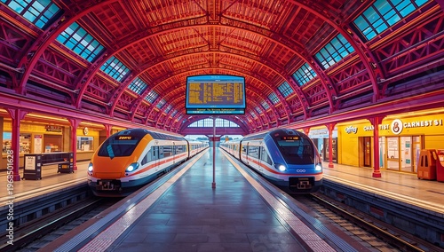 Modern Train Station Interior with Colorful Architecture and Trains
