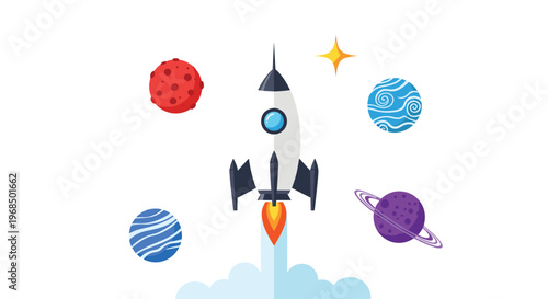 A stylized white and black rocket launches vertically amidst five colorful planets and two yellow stars on a pristine white background.
