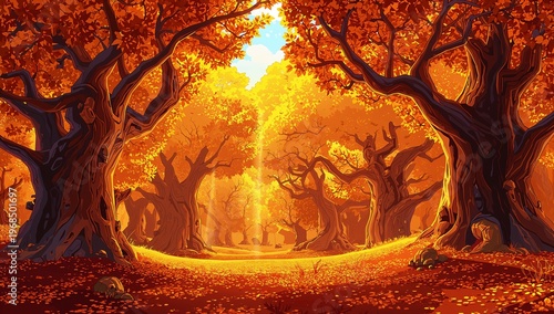 Serene Autumn Forest Scene with Golden Leaves and Majestic Trees