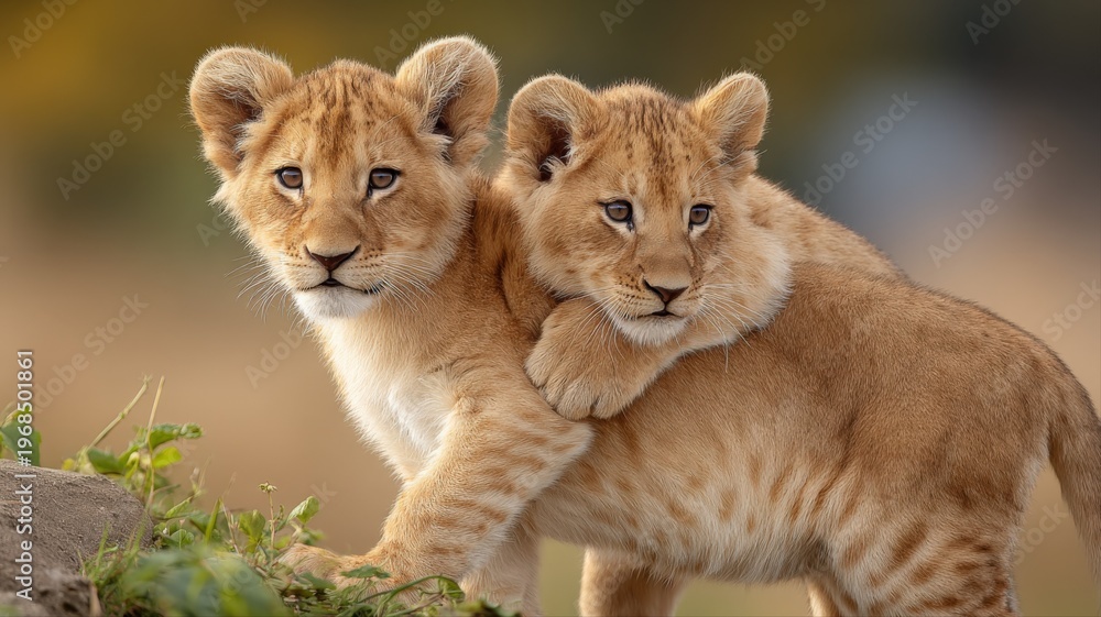Obraz premium Playful Lion Cubs Cuddle in the African Savannah, Showing Affection and Wildlife Bonding