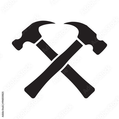 Two black hammers crossed in a simple graphic illustration