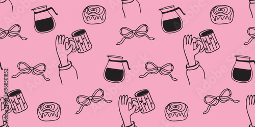 Cozy Hand Holding Coffee Mug Seamless Pattern with Cinnamon Rolls and Pink Bows