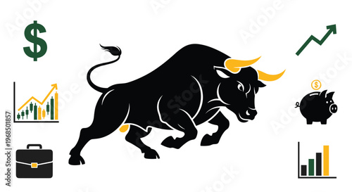 A black bull with yellow horns charges amidst various green and yellow financial icons on a clean white background.