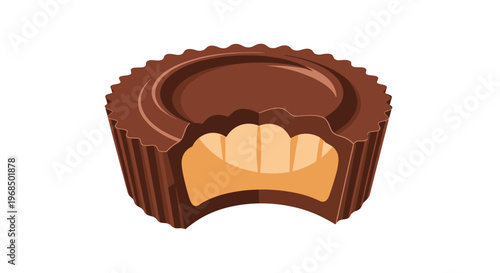 A cartoon chocolate peanut butter cup with a smooth exterior and creamy filling is shown with a bite taken out against a white background.