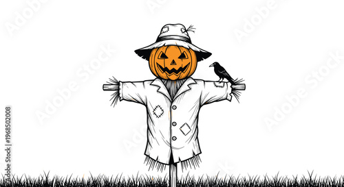 Hand drawn illustration of a classic scarecrow with a carved pumpkin head and a crow perched on its arm stands in a field of grass.