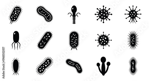 Various microscopic virus and bacteria shapes in a black silhouette
