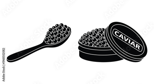 Black caviar displayed on a spoon and in a tin a striking silhouette