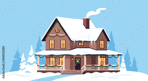 Charming winter illustration of a two story house covered in snow and decorated for christmas with wreaths and garlands in a cold landscape.