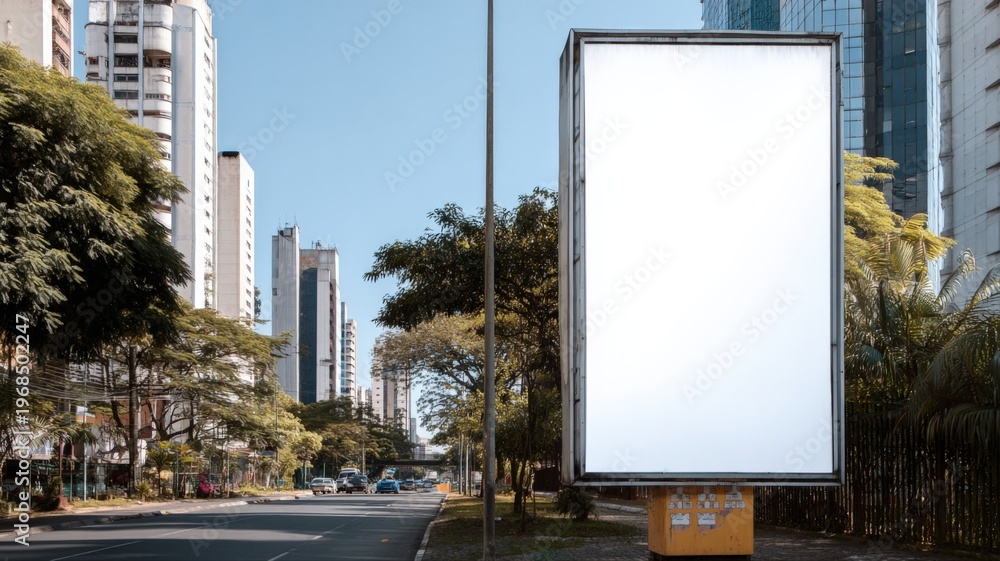 Obraz premium Blank Billboard Mockup in Urban Setting with Cityscape View Ready for Advertising