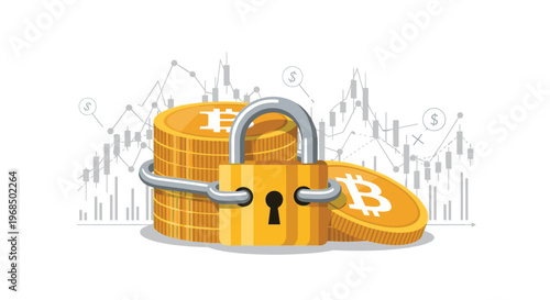 A golden padlock secures a stack of Bitcoin coins in front of financial charts on a white background.