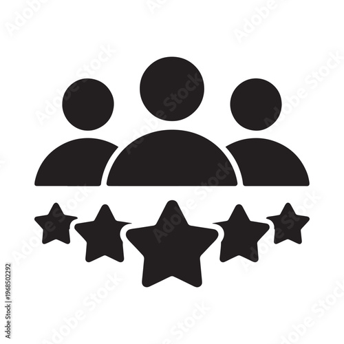 Simple black icon depicting three people with five star ratings below