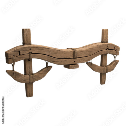 Weathered Wooden Ox Yoke for Draft Animals 3D Render,  A detailed, realistic 3D render of a single, old, and weathered wooden ox yoke with four neckbows, secured with ropes, isolated against a plain