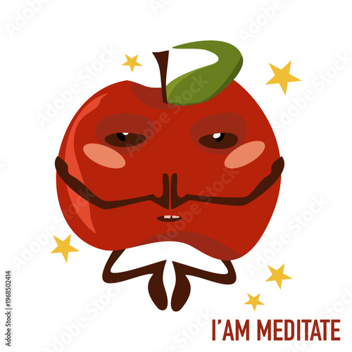 Calm Red Apple Character Meditating with Stars Illustration