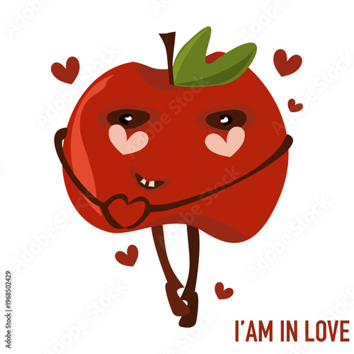 Red Apple Character in Love with Hearts Illustration