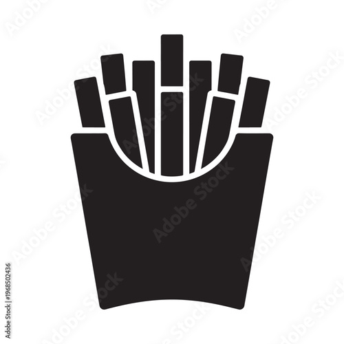 Simple black and white illustration of french fries in a container