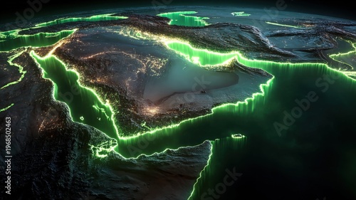 Wallpaper Mural Digital Rendering of Middle East Region Featuring Green Outline of Countries on Dark Background Torontodigital.ca