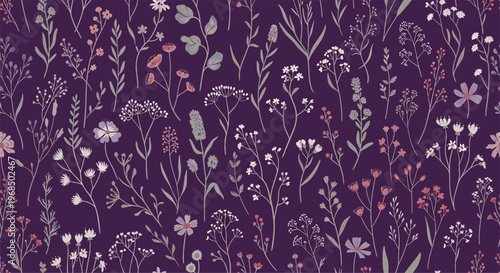 Seamless floral pattern featuring various delicate wildflowers and botanical sketches over a dark purple background for textiles.