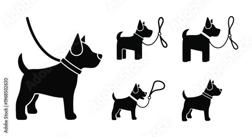 Black silhouettes of dogs on leashes in various poses silhouette