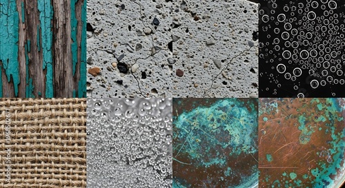 Rustic textures, weathered surfaces, turquoise, wood, stone, metal, background patterns
