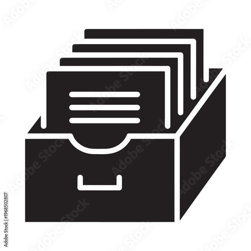Simple black silhouette illustration of a card catalog drawer