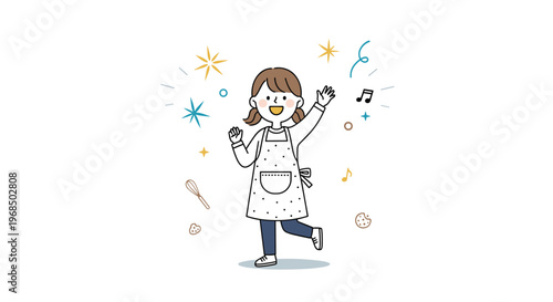 Cheerful young girl wearing a polka dot apron waving her hand with festive stars and music notes in an expressive celebratory scene.