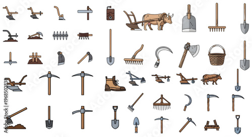 Vintage Farm Tools Set Oxen Plough Shovel Rake Vector, A detailed vector illustration set featuring antique farming equipment, including two oxen pulling ploughs and various manual hand tools  