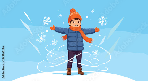 Happy young boy in winter clothes standing on a snowy hill with large snowflakes falling around him in a cold seasonal landscape.