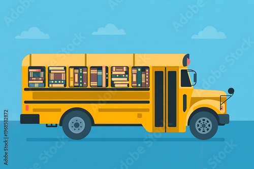 A bright yellow school bus filled with books on a clear blue background