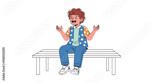 Young boy with curly hair sitting on a wooden bench with his hands raised in an expressive or questioning gesture on a white background.