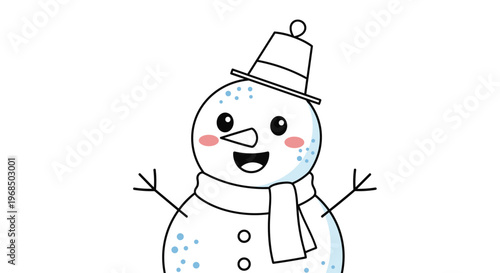 Friendly and happy snowman wearing a blue hat and a white scarf with a carrot nose and pink cheeks in a simple winter illustration.
