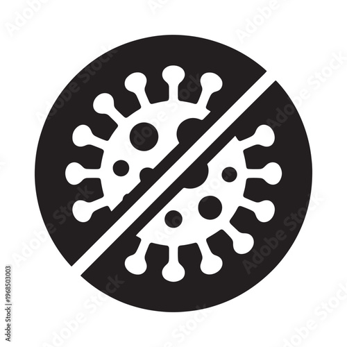 Black and white icon depicting a virus with a prohibition symbol