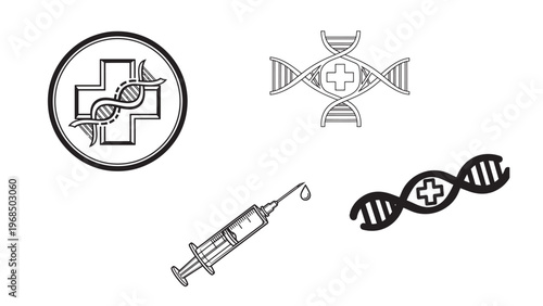 Medical research icons featuring DNA syringe and laboratory analysis for biotechnology innovation and clinical development