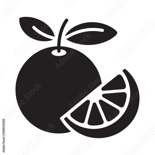 Simple black and white illustration depicting a whole and halved orange