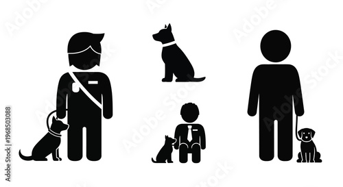 People and pets depicted in a simple black graphic silhouette
