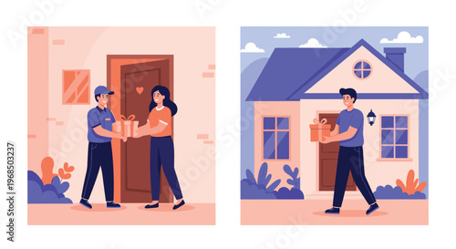 Delivery service concept scenes showing a courier handing a gift box to a woman at a door and walking to a house.