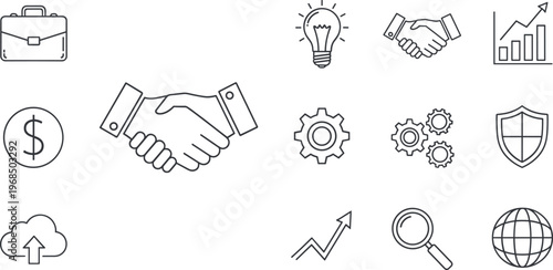 Business and finance line icon set featuring handshake growth analytics security cloud upload global search and corporate strategy symbols