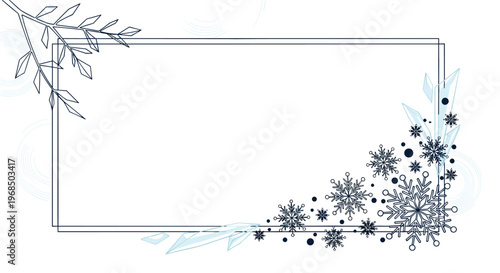 Elegant rectangular frame decorated with blue snowflakes and ice crystals for winter greetings or holiday announcements.