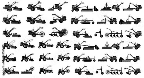 Large Set of Walk-Behind Tractor Black Silhouettes Icons with Implements, illustrating various models of two-wheel walking tractors,  power harrows, rotary plows, and small ride-on tractors
