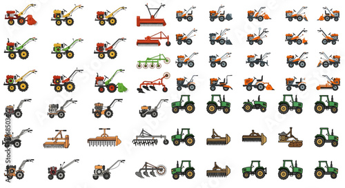 Comprehensive Color Vector Set Small Tractors and Tillers, Vector illustrations, small-scale farming vehicles, power harrows, and rotary plows, ride-on and walk-behind tractors, tillers, mowers